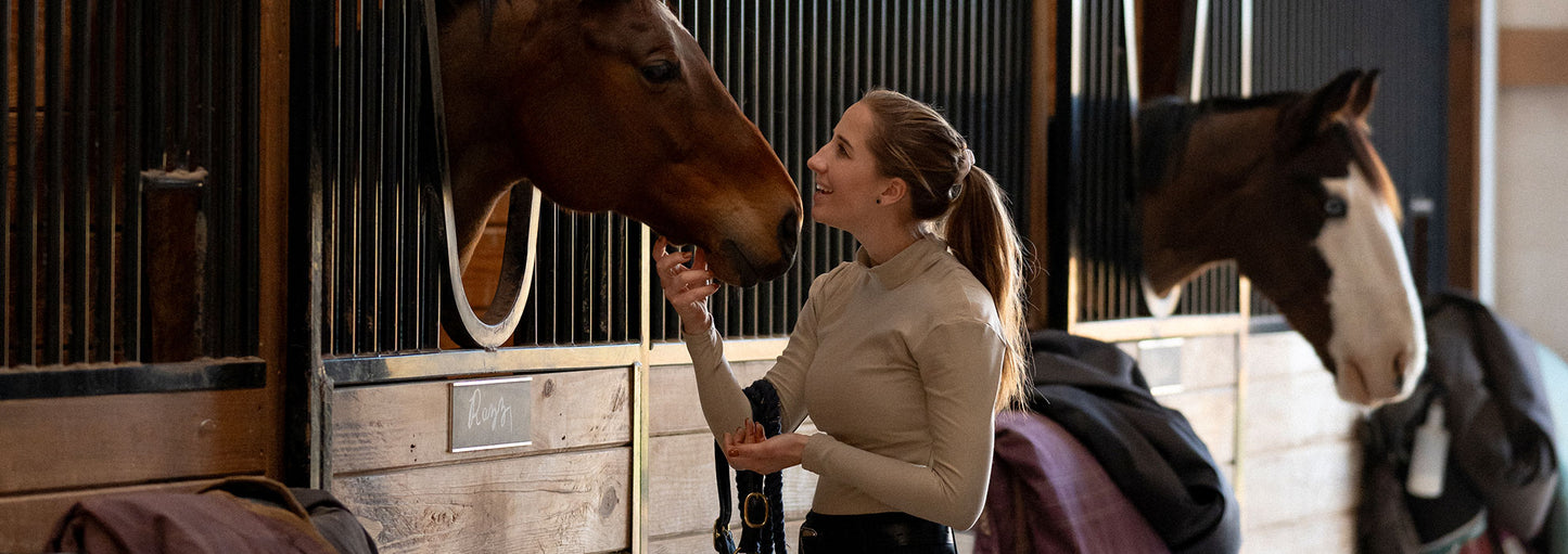 Woman interacting with a horse in a stable setting