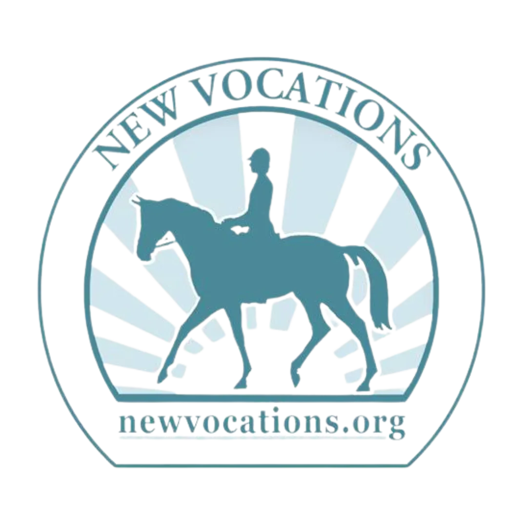 Logo of New Vocations with a silhouette of a person on a horse against a light blue background.