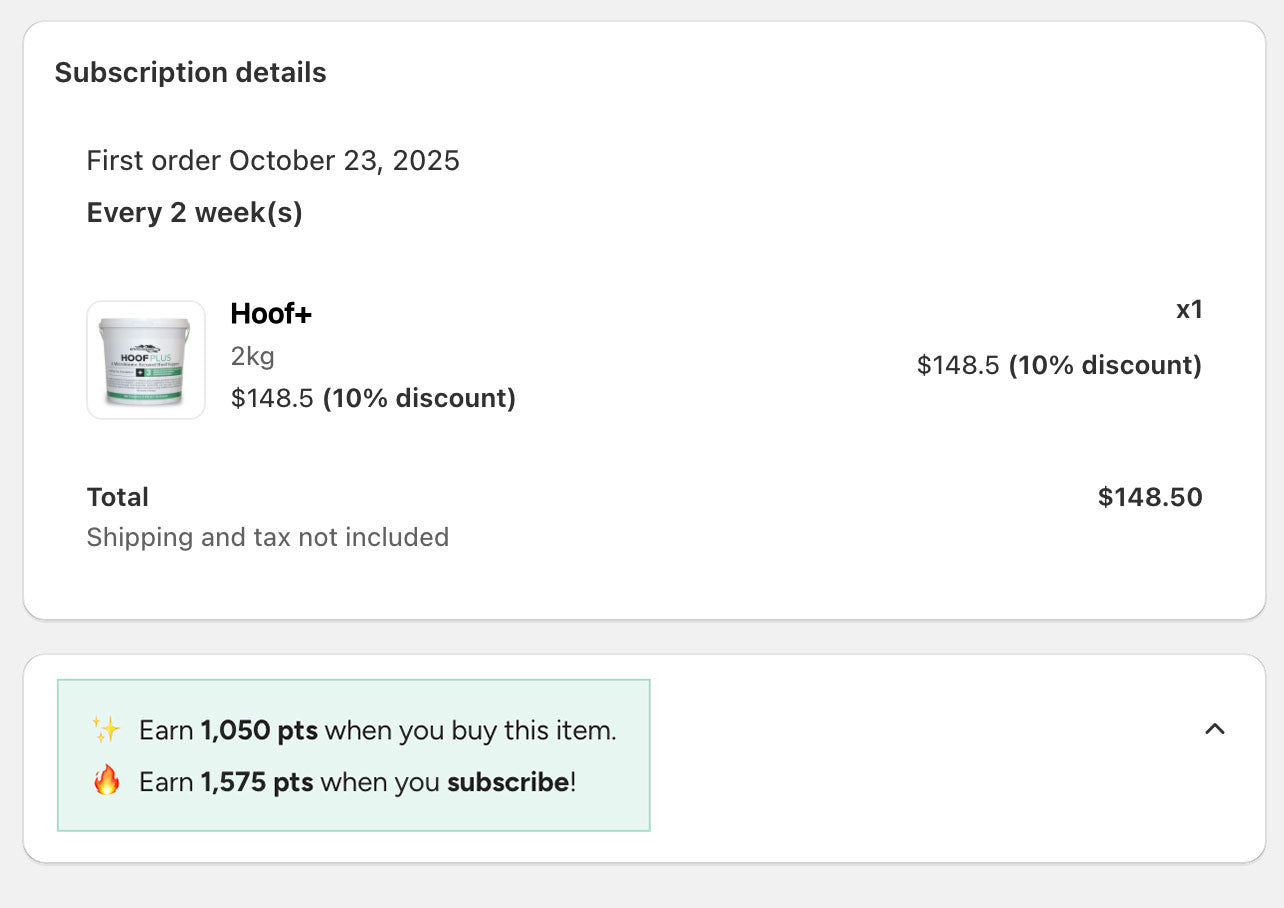 Subscription details for a product with a discount on a white background