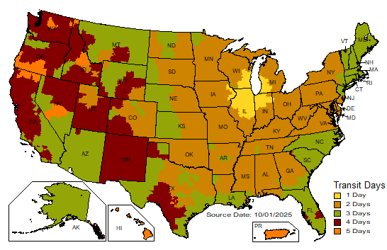 Map of the United States showing transit days for various states.